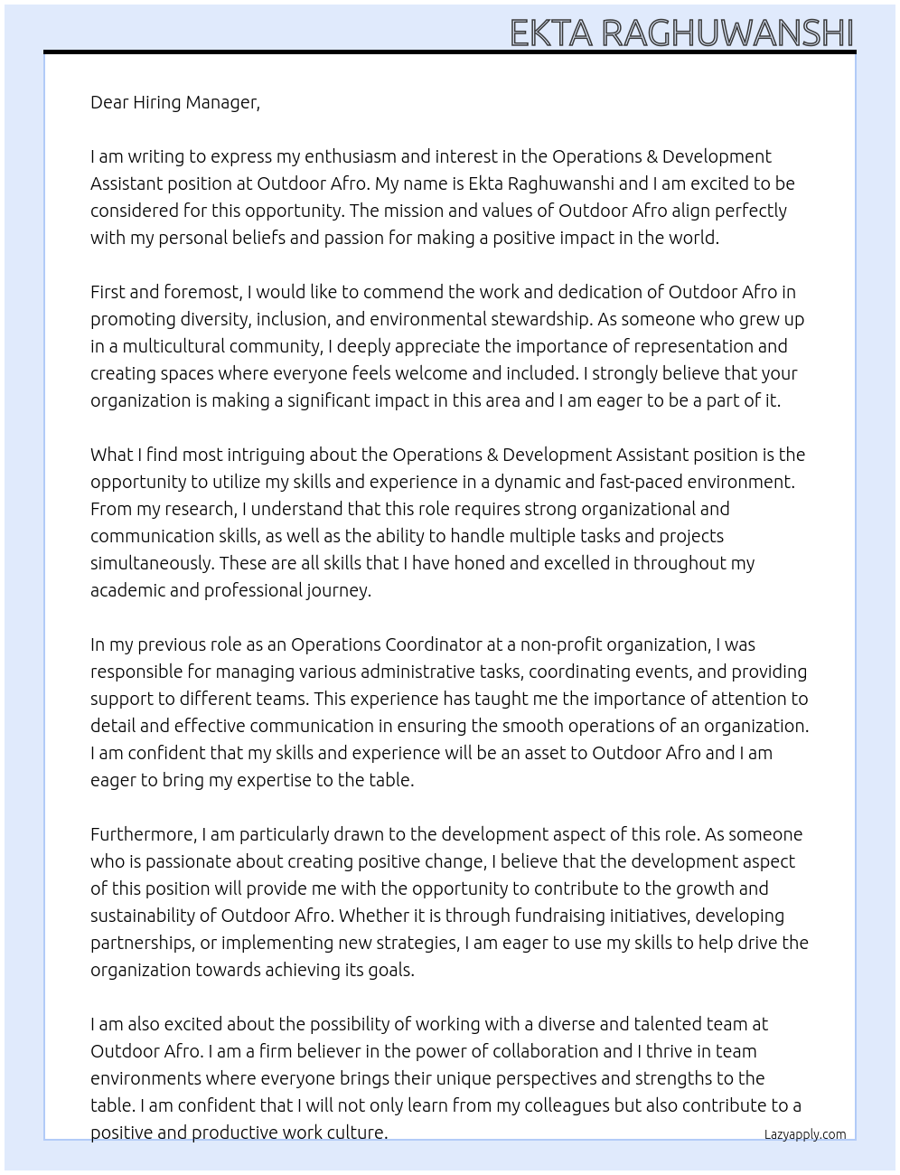 Cover letter for operations & development assistant - LazyApply