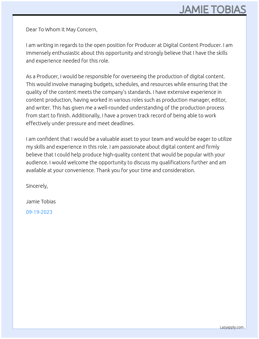 Producer At Digital Content Producer Cover Letter