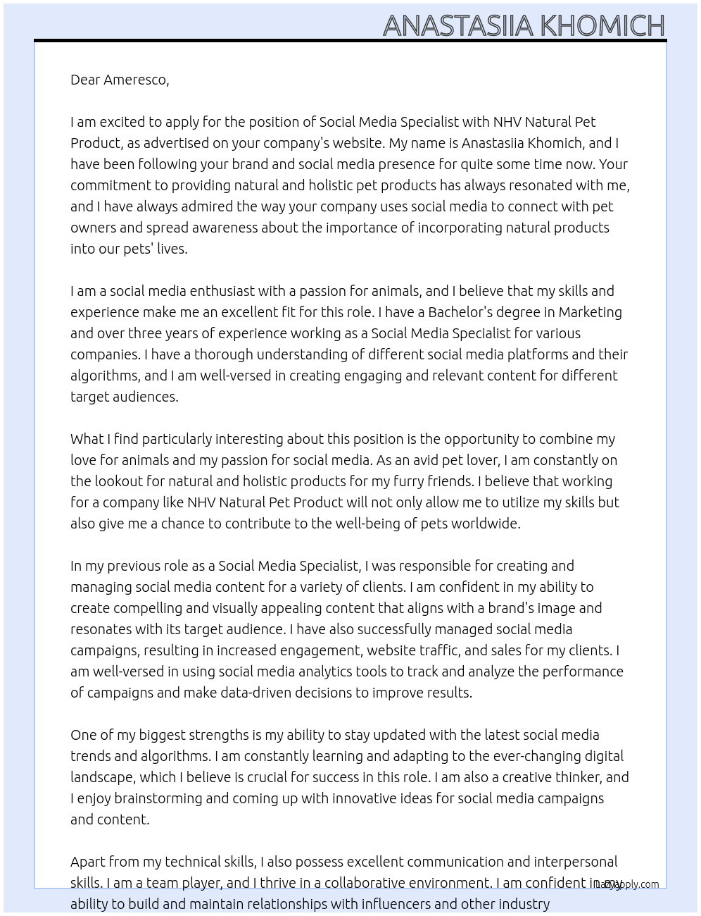 Social Media Specialist At NHV Natural Pet Product Cover Letter