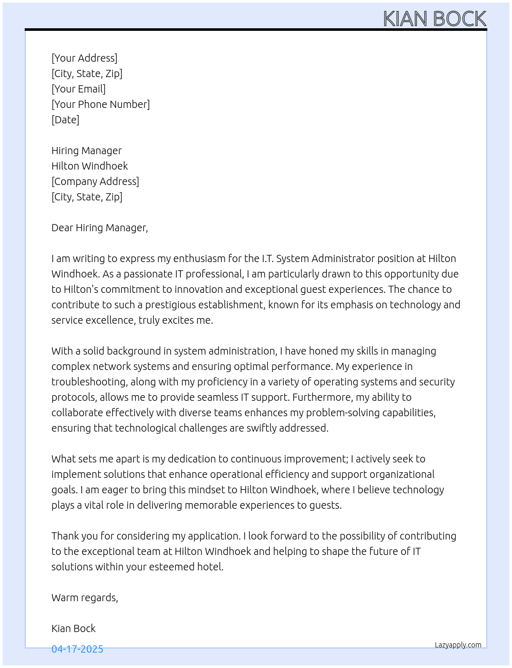 I.T System Administrator  At Hilton Windhoek Cover Letter