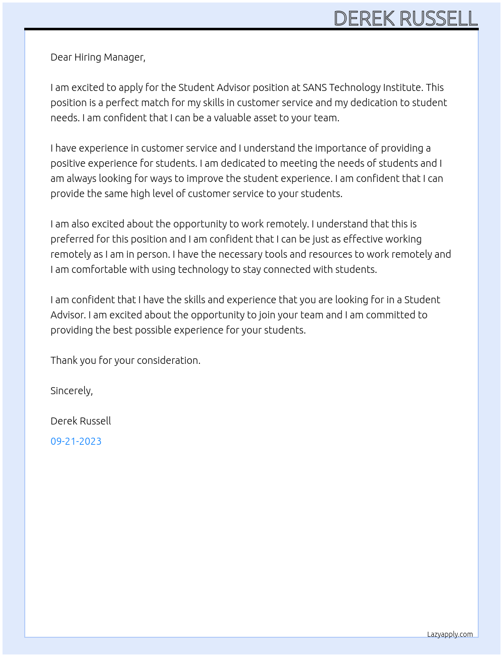 Student Advisor At SANS Technology Institute Cover Letter