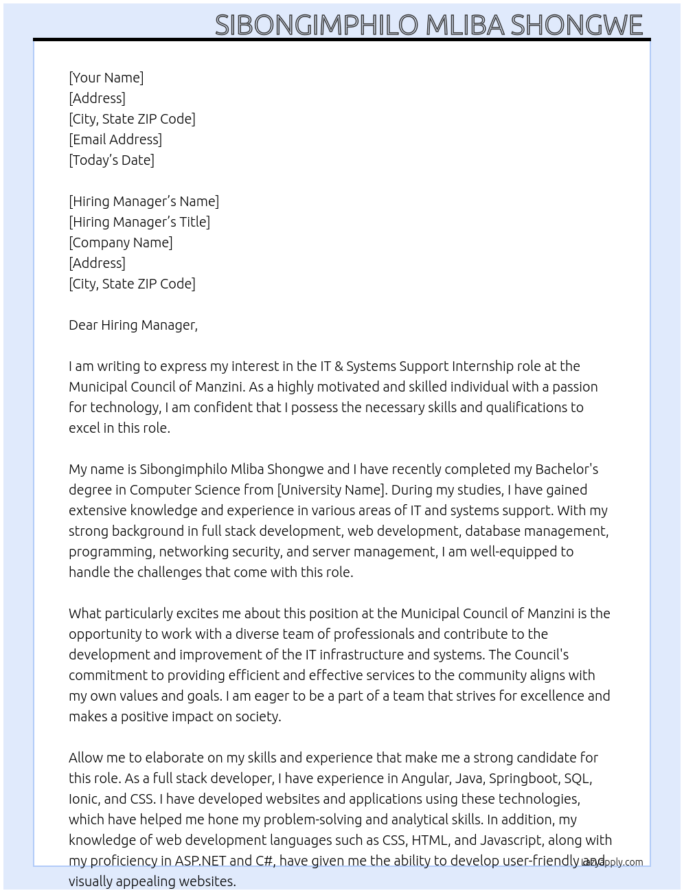 IT & Systems Support  At Municipal Council of Manzini Cover Letter