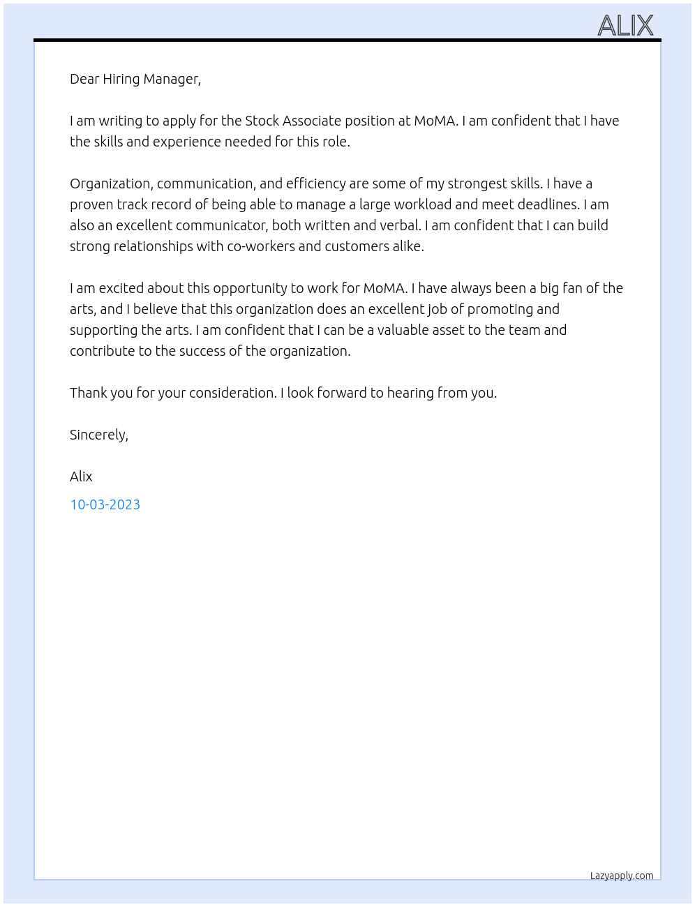 Stock Associate  At MoMA Cover Letter