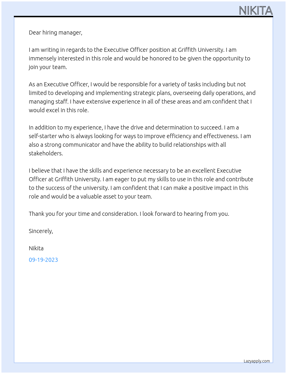 Executive Officer At Griffith University Cover Letter