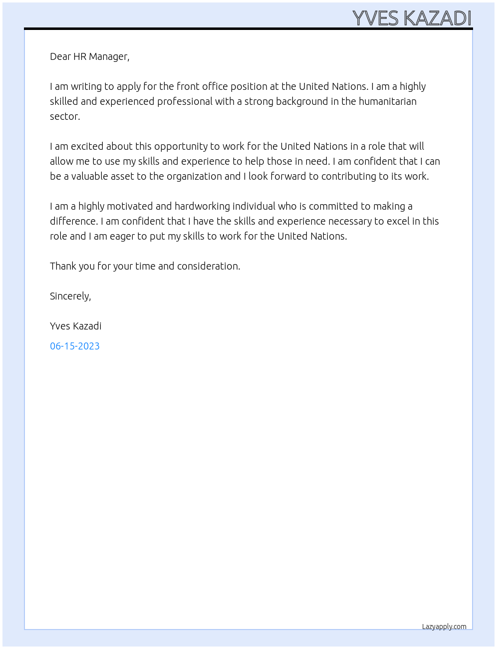  front office At United Nations Cover Letter