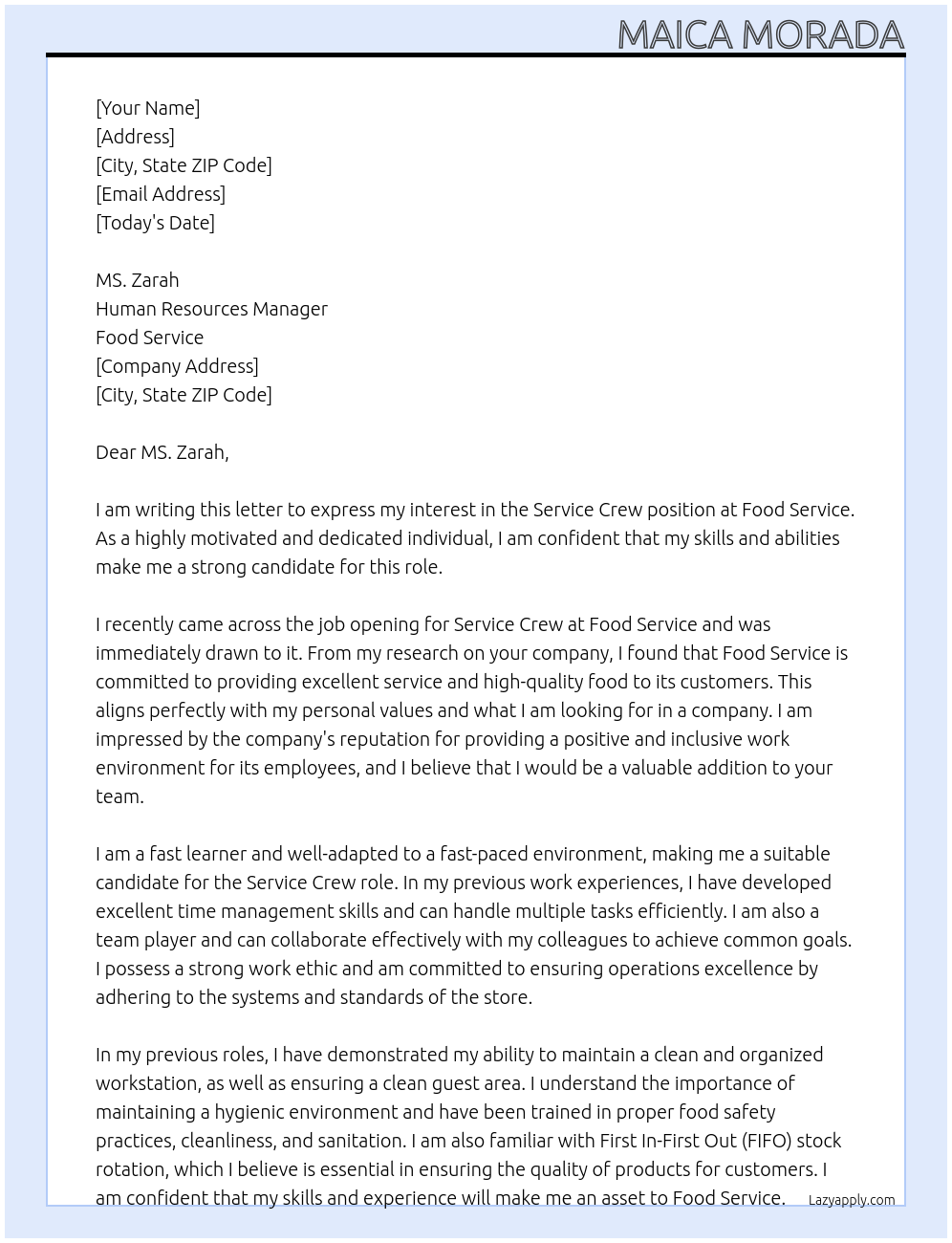 Service Crew At Food Service Cover Letter