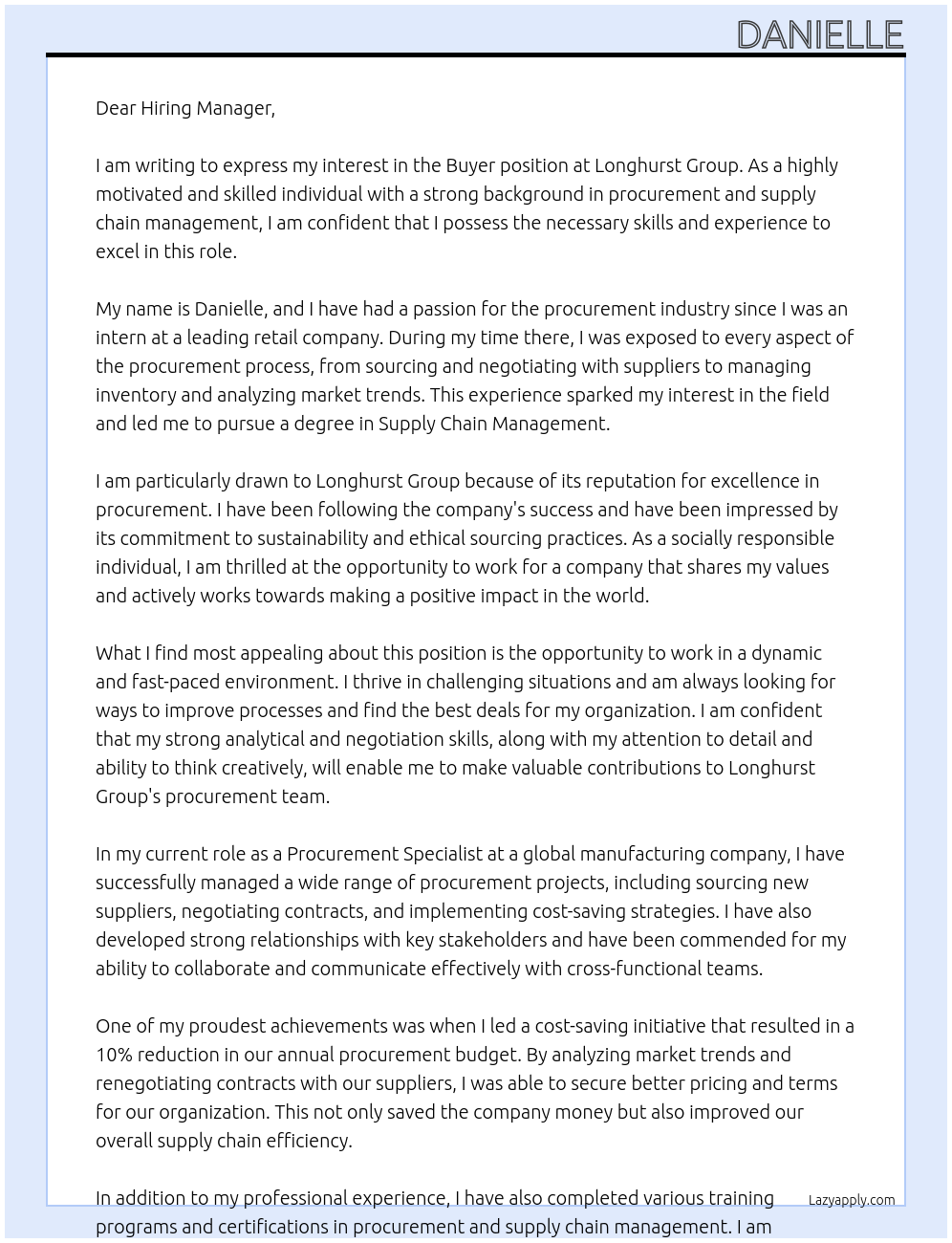 Buyer At Longhurst Group Cover Letter