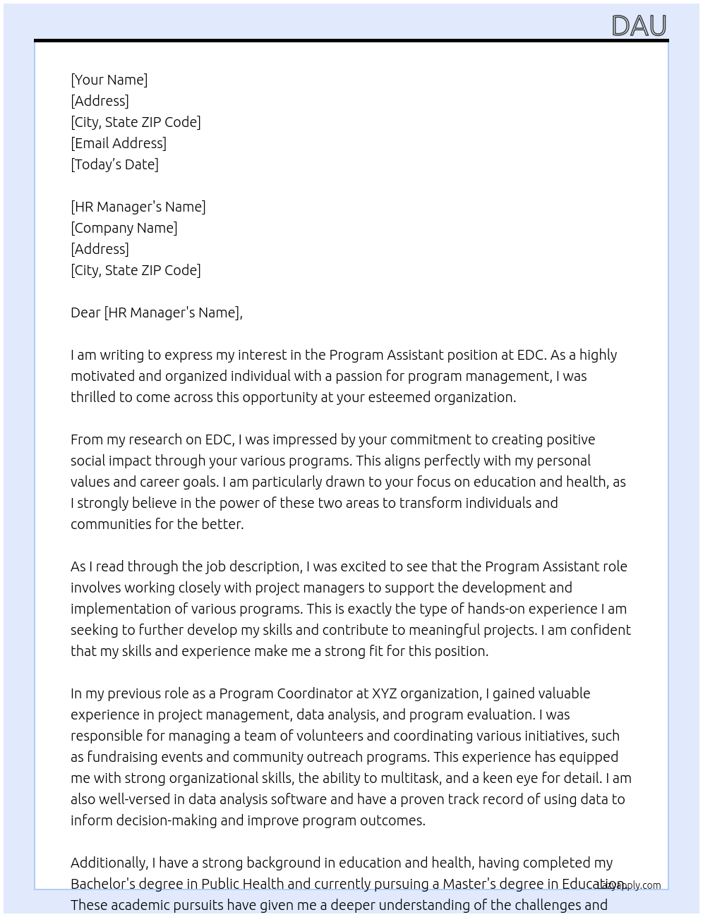 Program assistant At EDC Cover Letter