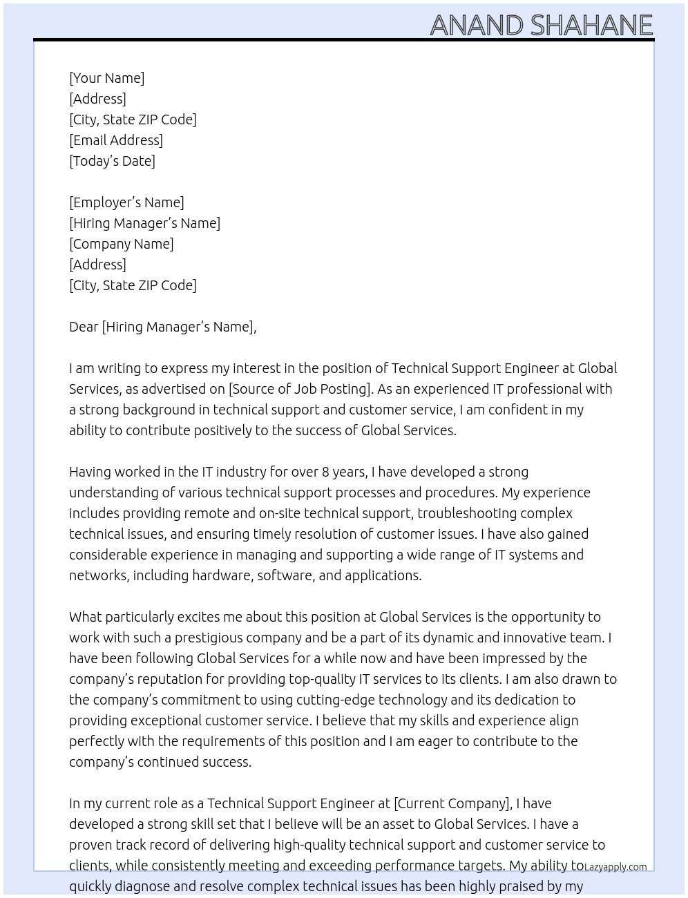 Technical Support Engineer At Global Services Cover Letter