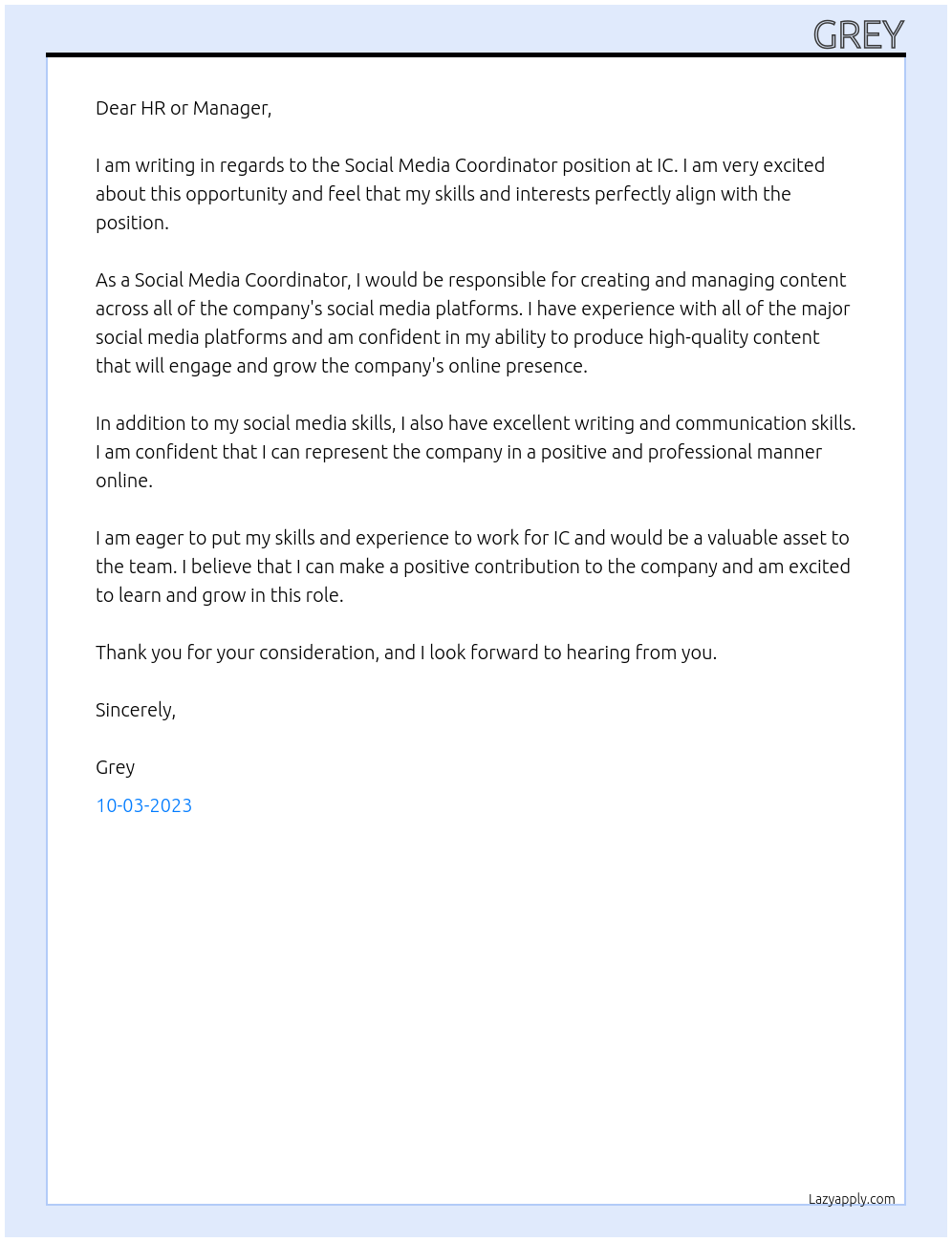 Social Media Coordinator At IC Cover Letter