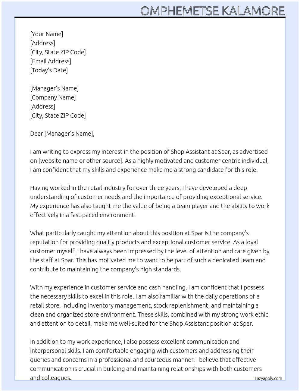 shop assistant At Spar Cover Letter