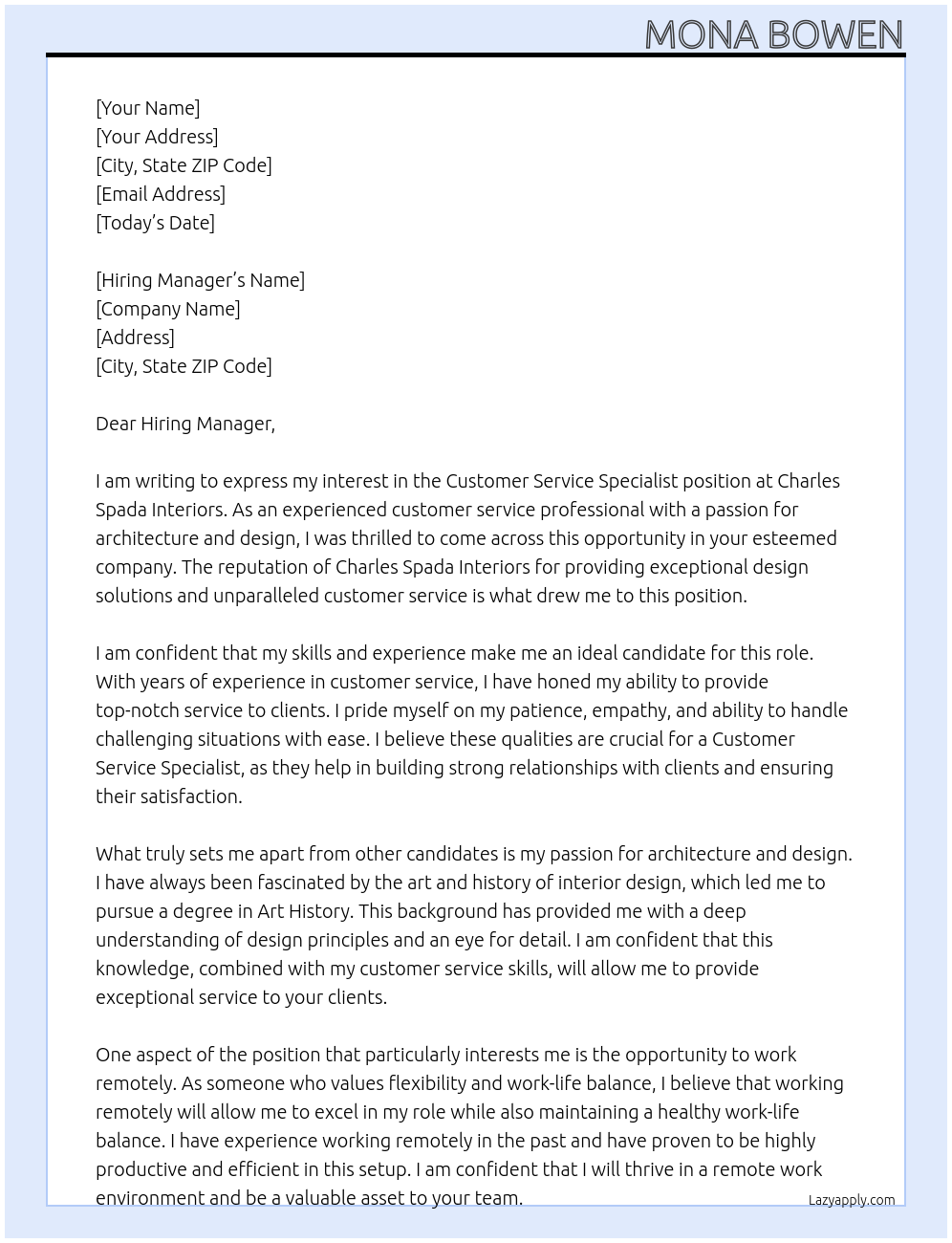 Customer Service Specialist At Charles Spada Interiors Cover Letter