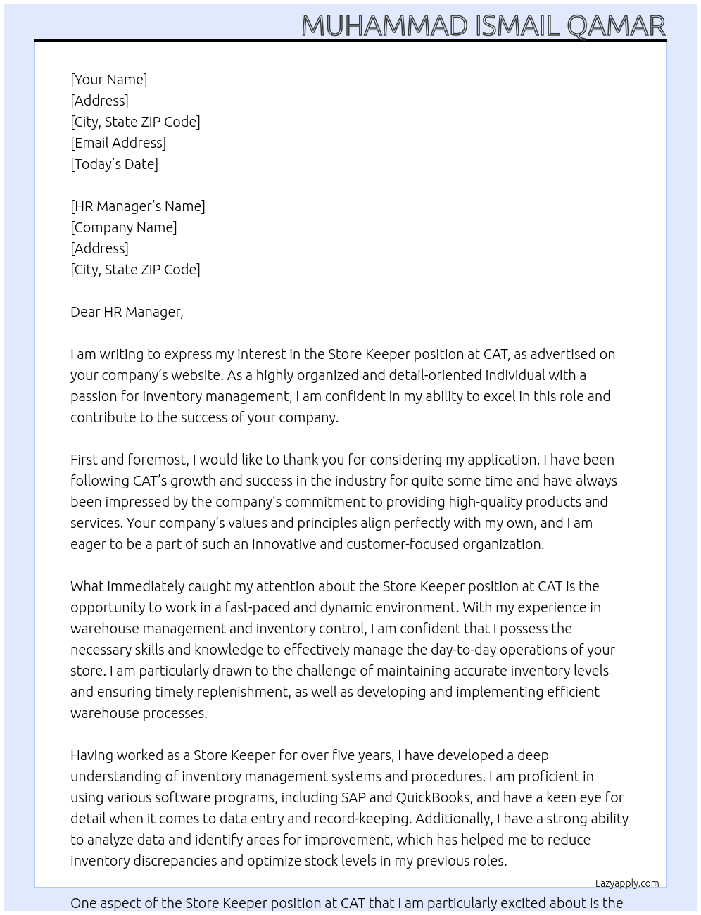 STORE KEEPER At CAT Cover Letter