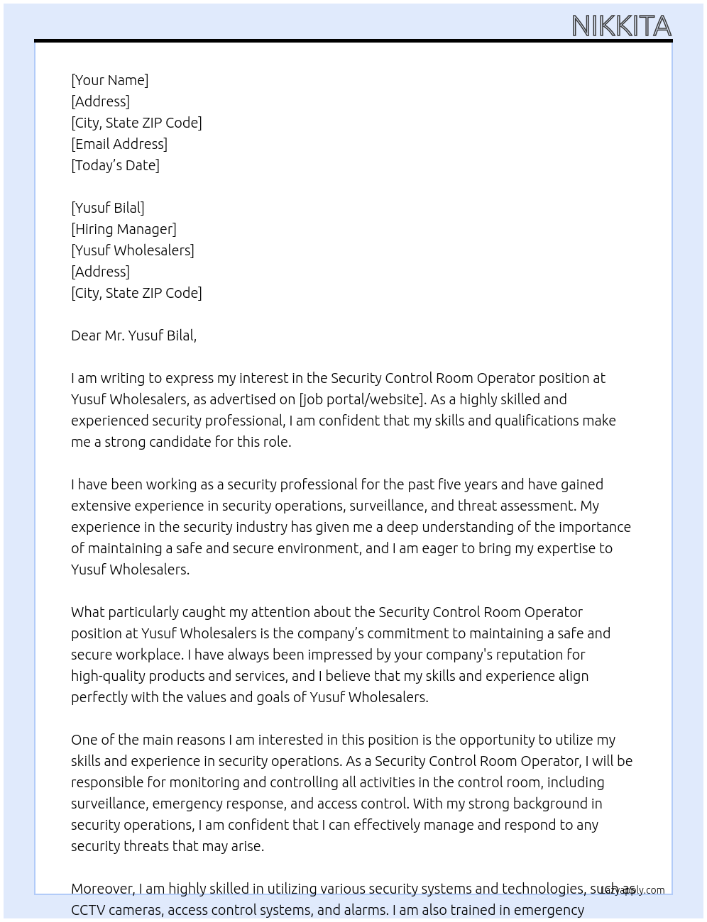 Security control room operator  At Yusuf wholesalers Cover Letter