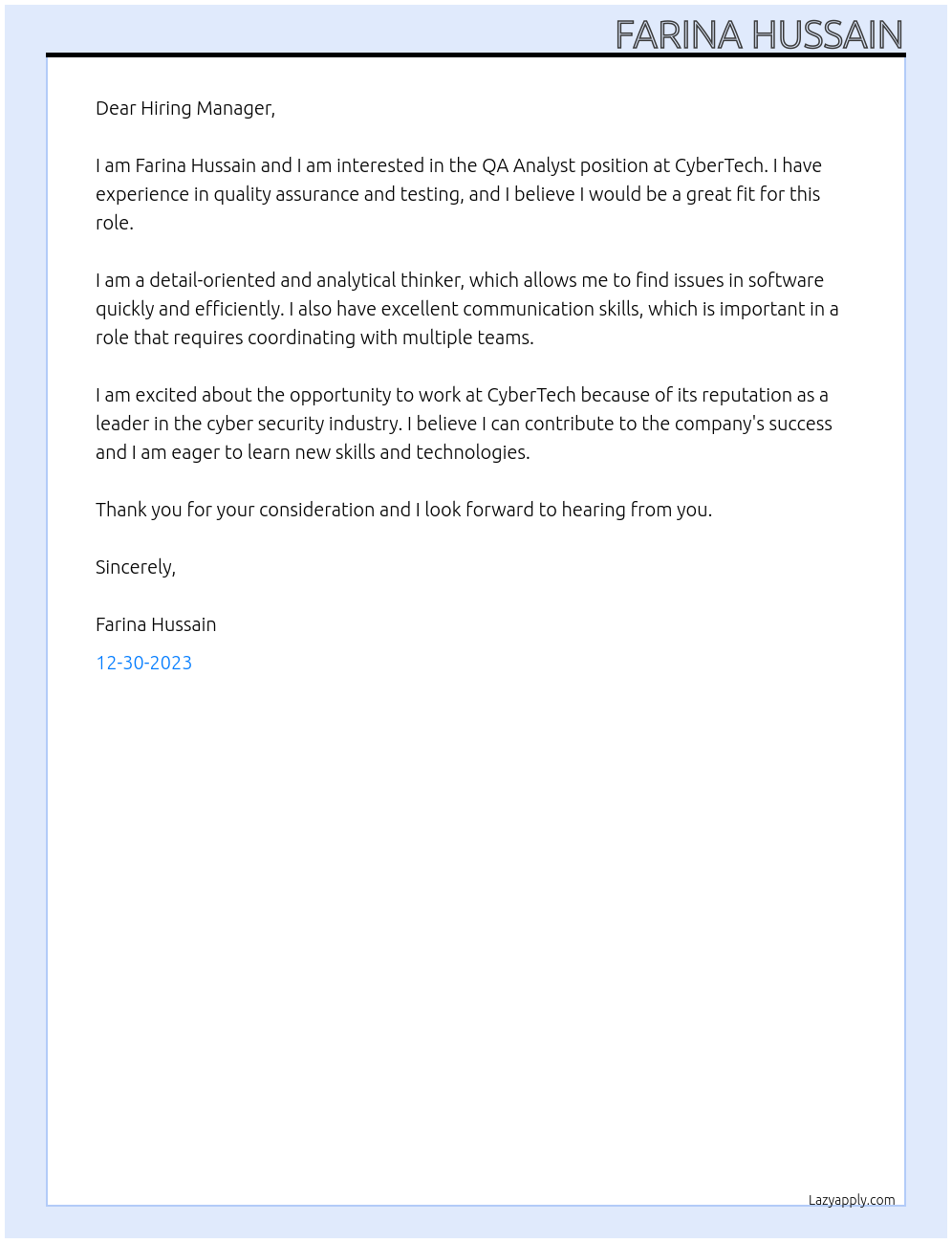QA Analyst At CyberTech Cover Letter