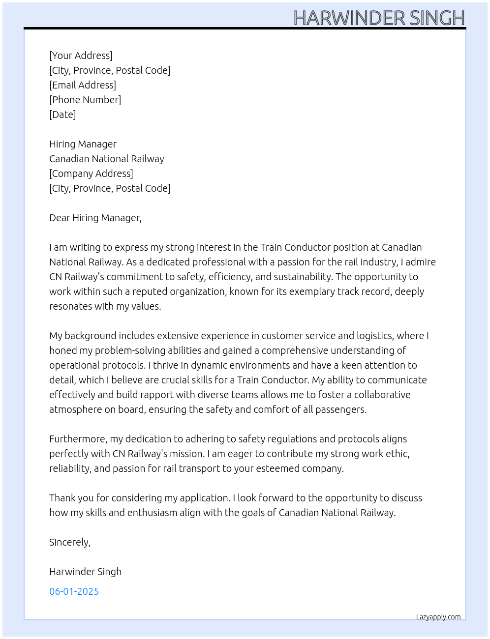 Cover letter for train conductor - LazyApply