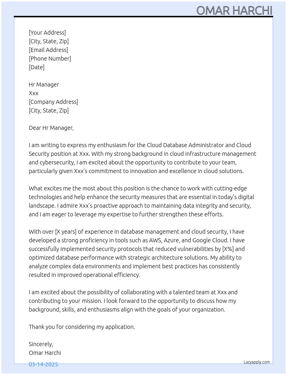 Cloud Database admin and cloud security At Xxx Cover Letter