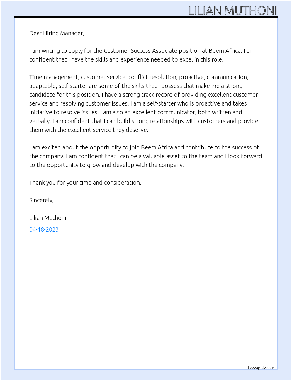 Customer Success Associate At Beem Africa Cover Letter