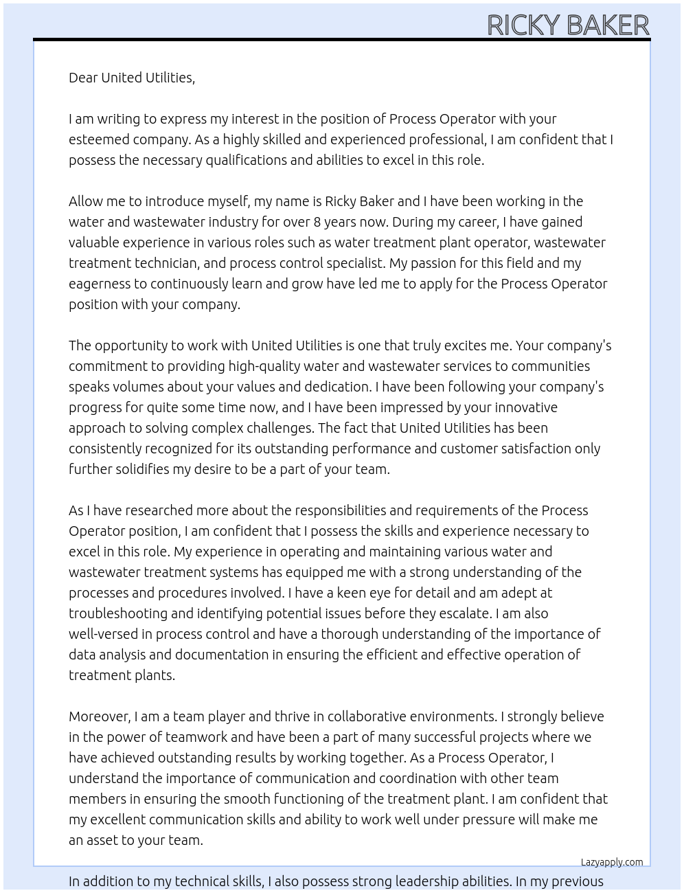 process operator At united utilities Cover Letter