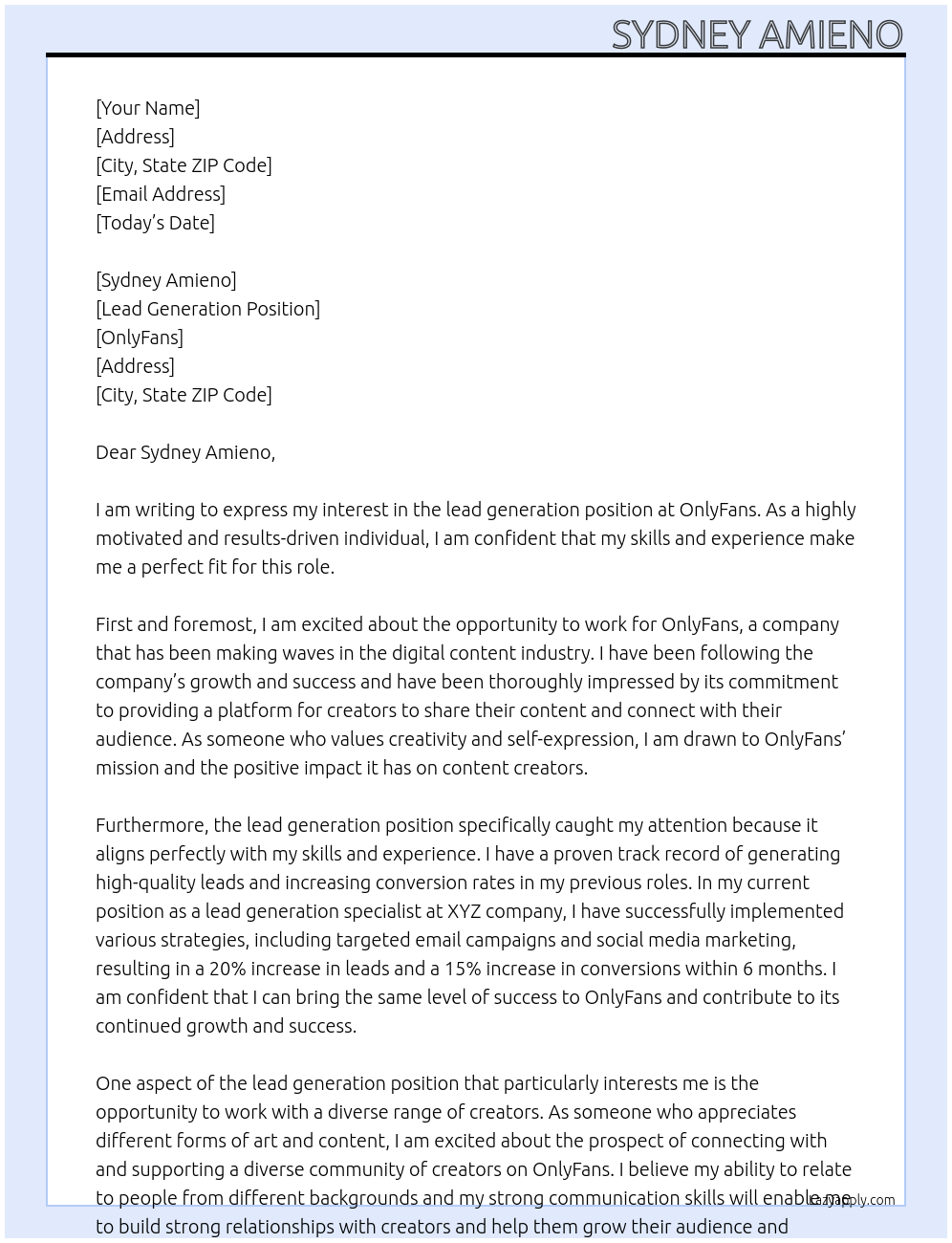 lead generation At onlyfans Cover Letter