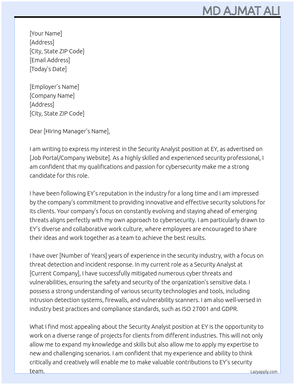 Security Analyst At EY Cover Letter