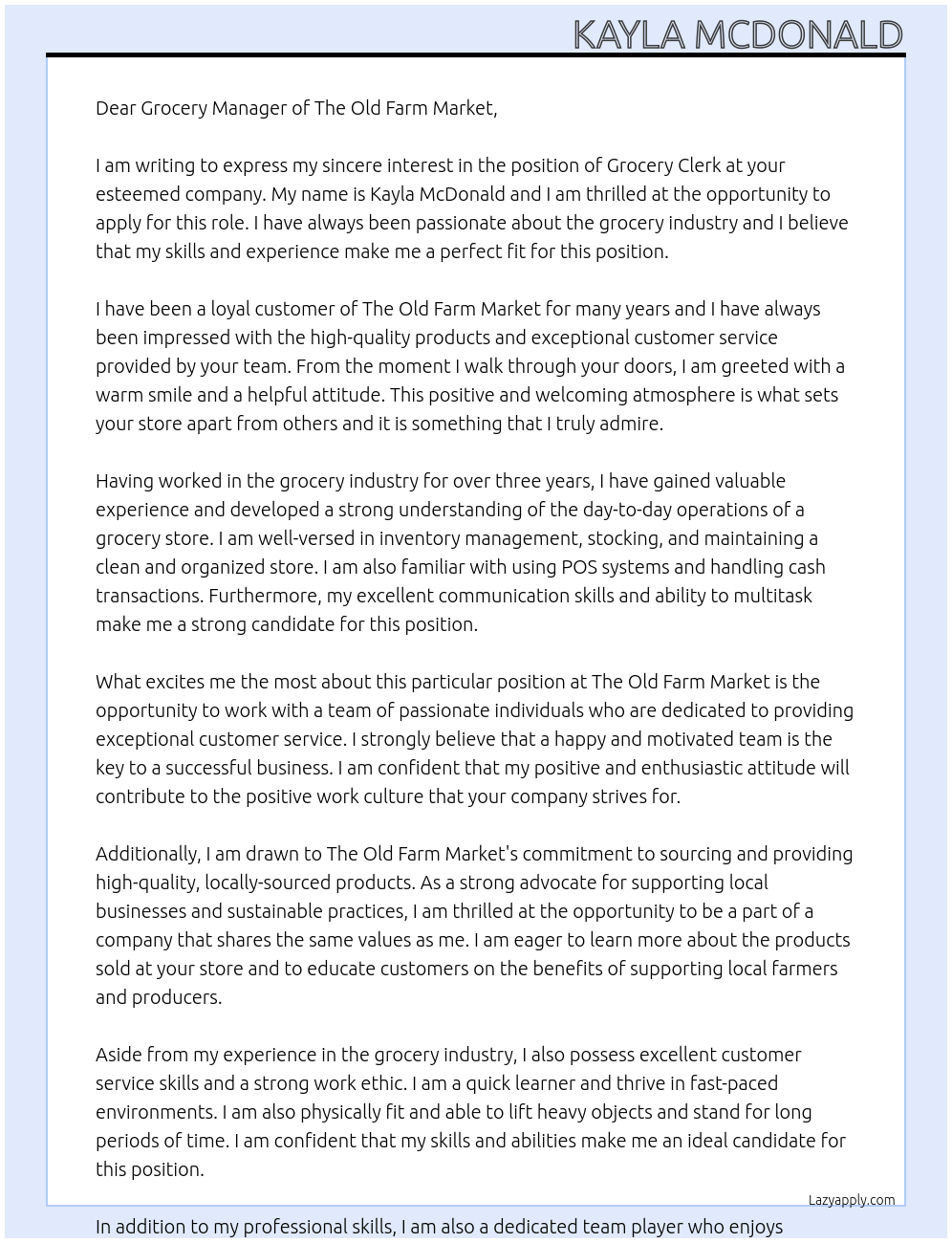 Grocery Clerk At The Old Farm Market Cover Letter