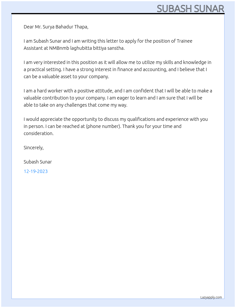 Trainee Assistant At NMBnmb laghubitta bittiya sanstha Cover Letter
