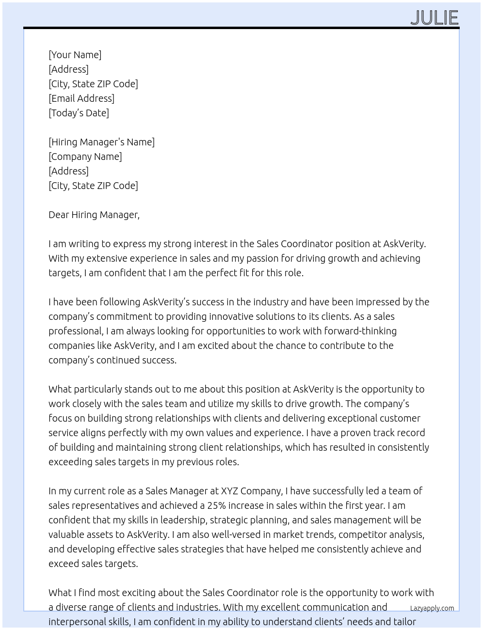 Sales Coordinator At AskVerity Cover Letter