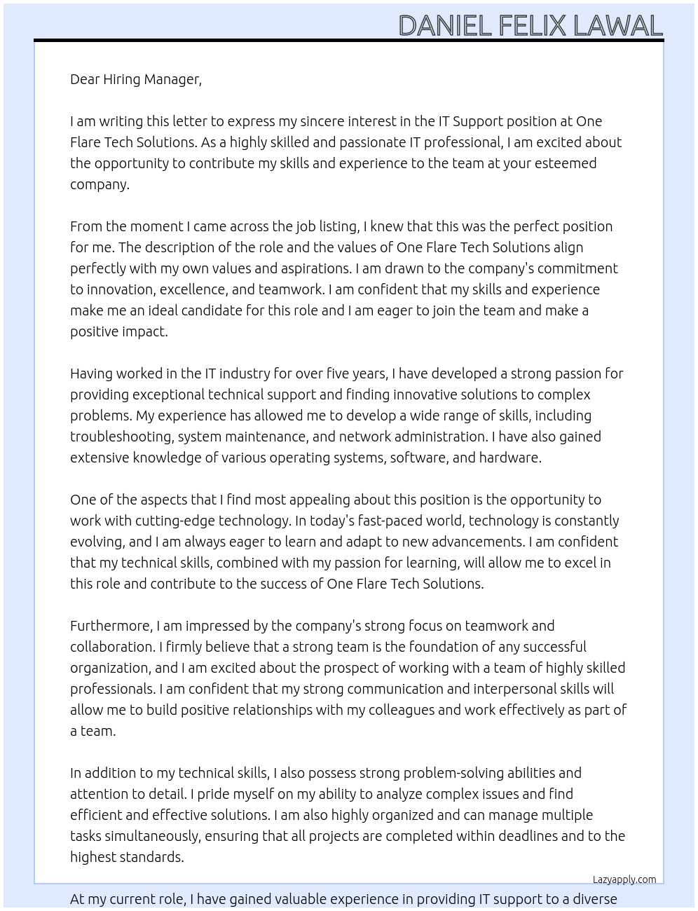 IT Support At one flare tech solutions Cover Letter