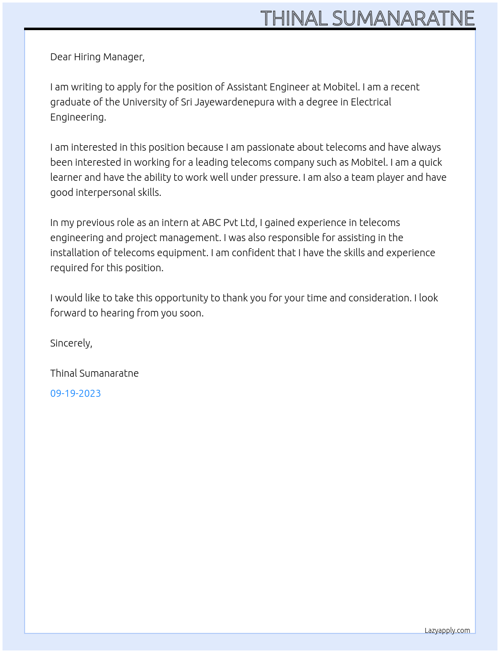 Assistant Engineer At mobitel Cover Letter