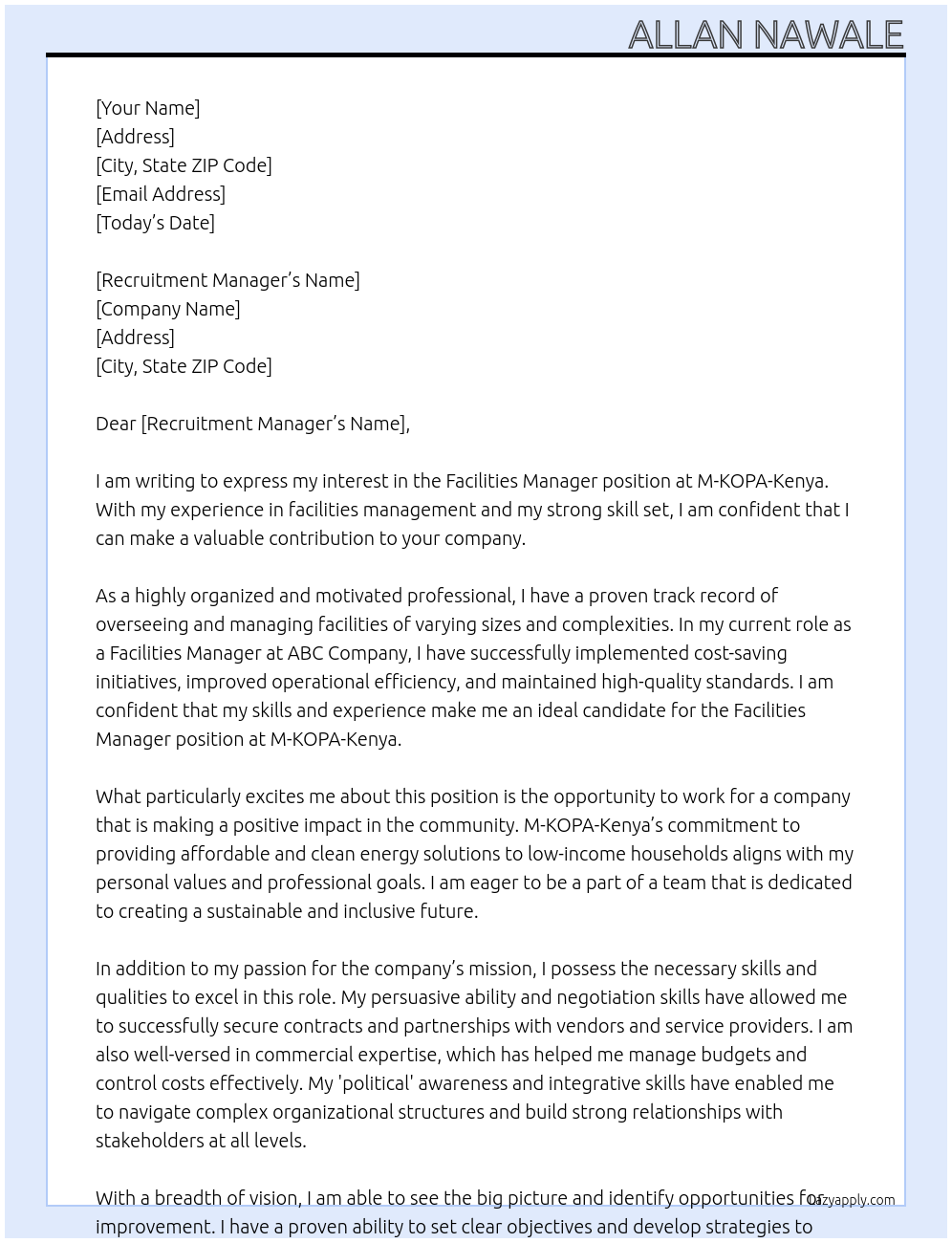 Facilities Manager  At M-KOPA-Kenya  Cover Letter