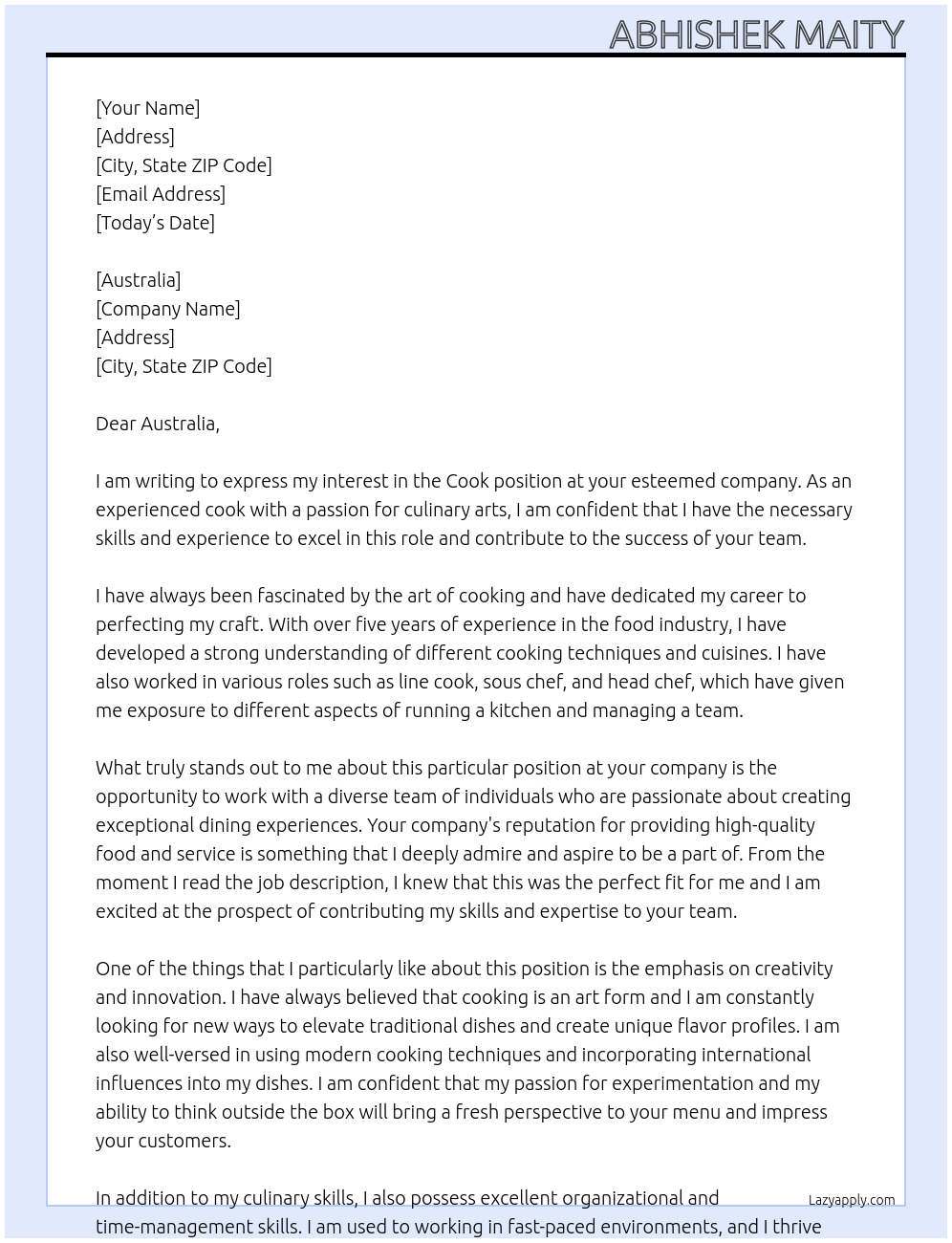 cook At Australia  Cover Letter
