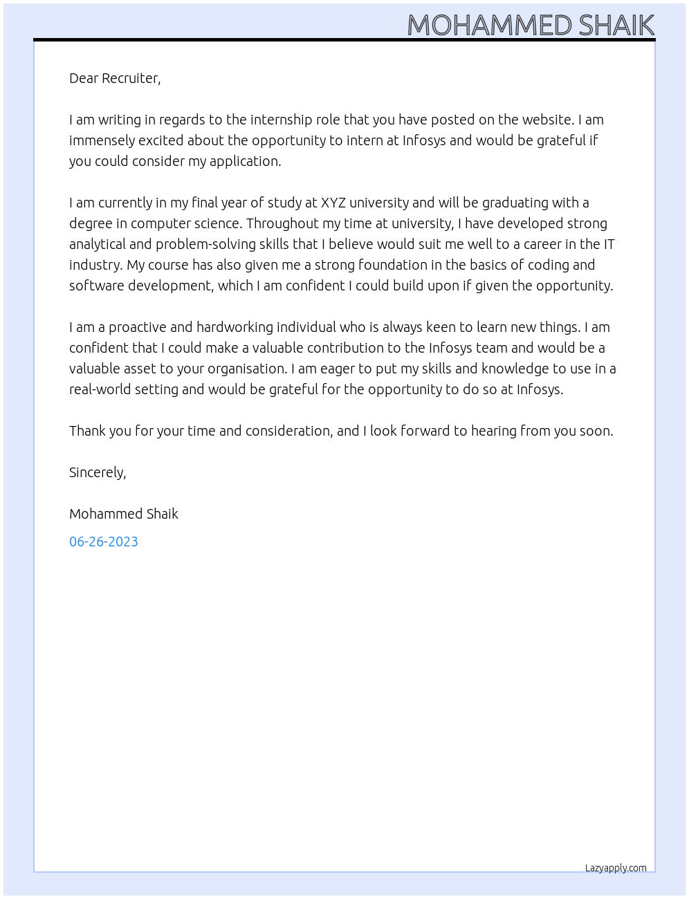 Intership At Infosys Cover Letter