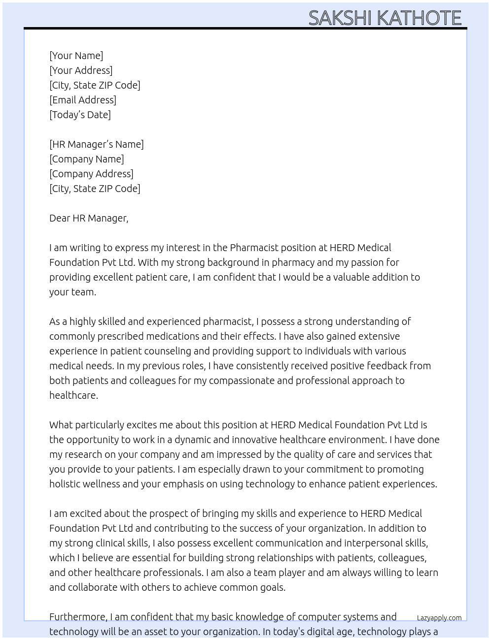 Pharmacist At HERD Medical Foundation Pvt Ltd Cover Letter