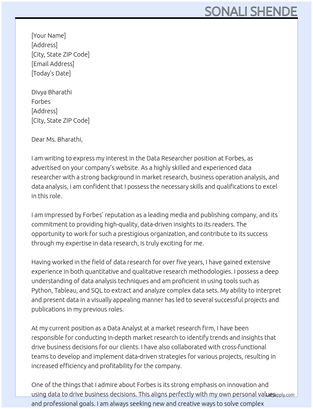 Data researcher At Forbes Cover Letter