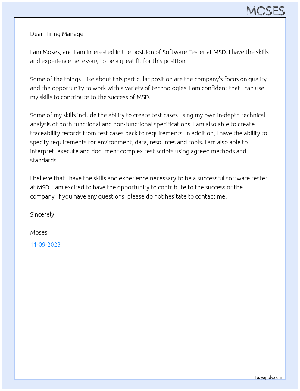 Software Tester At MSD Cover Letter