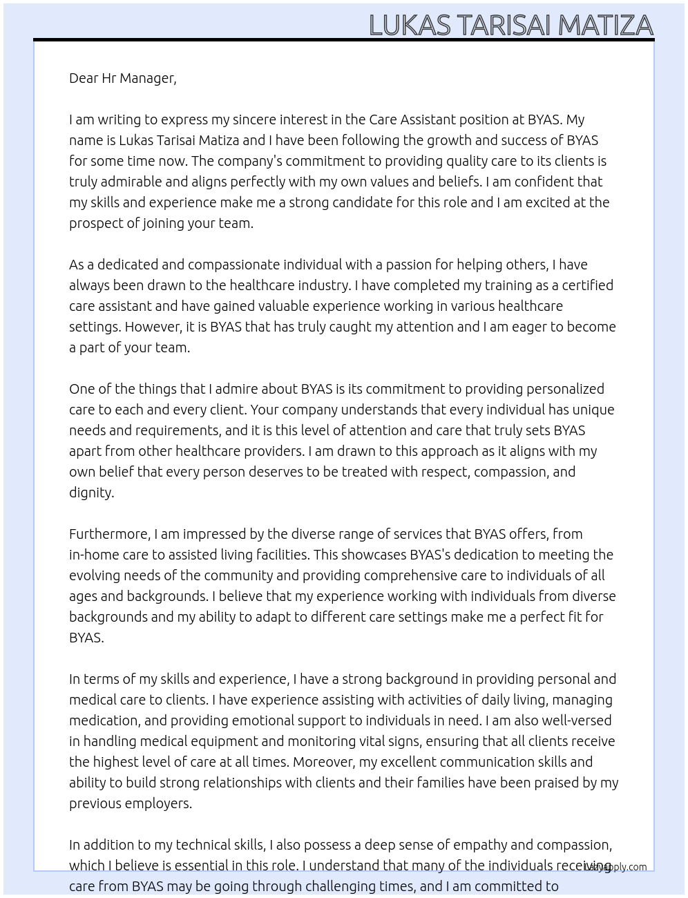 Care assistant At BYAS Cover Letter