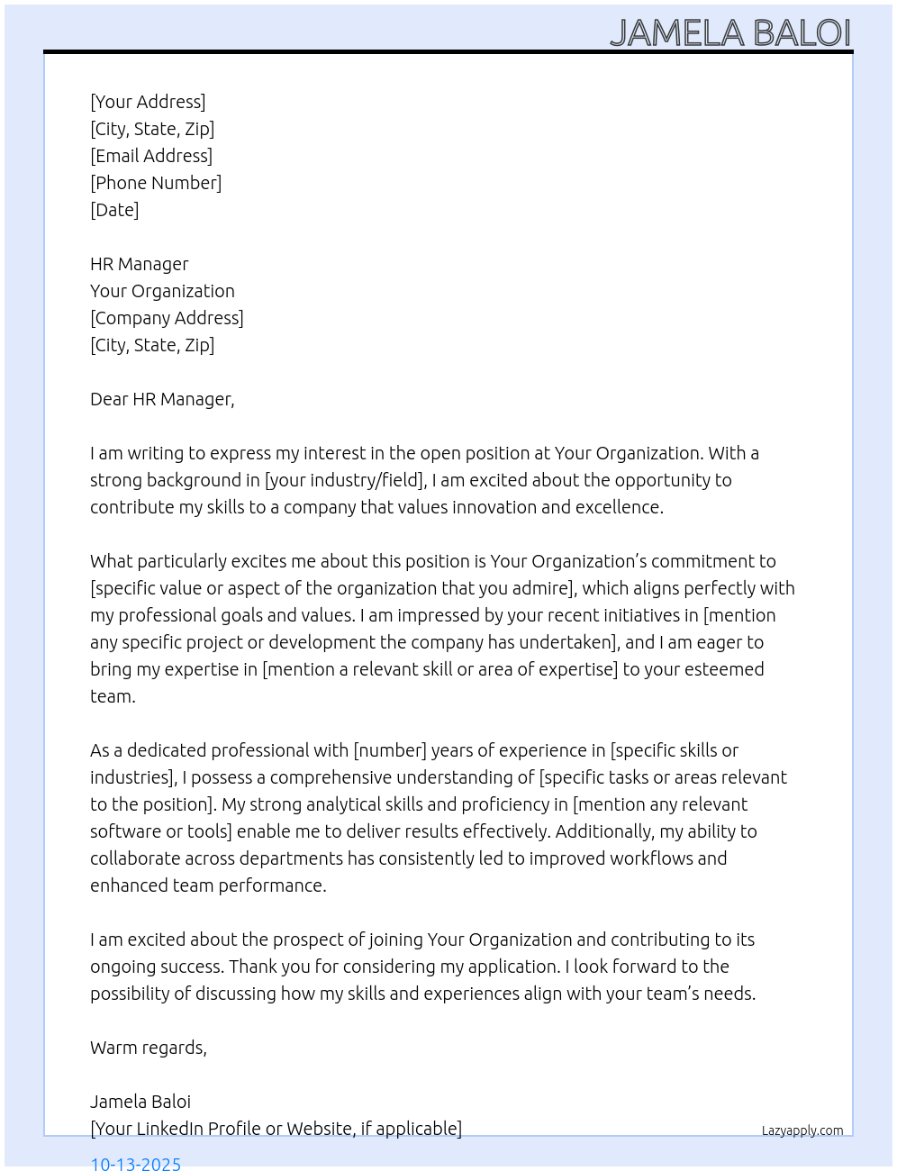 Cover letter for open position - LazyApply