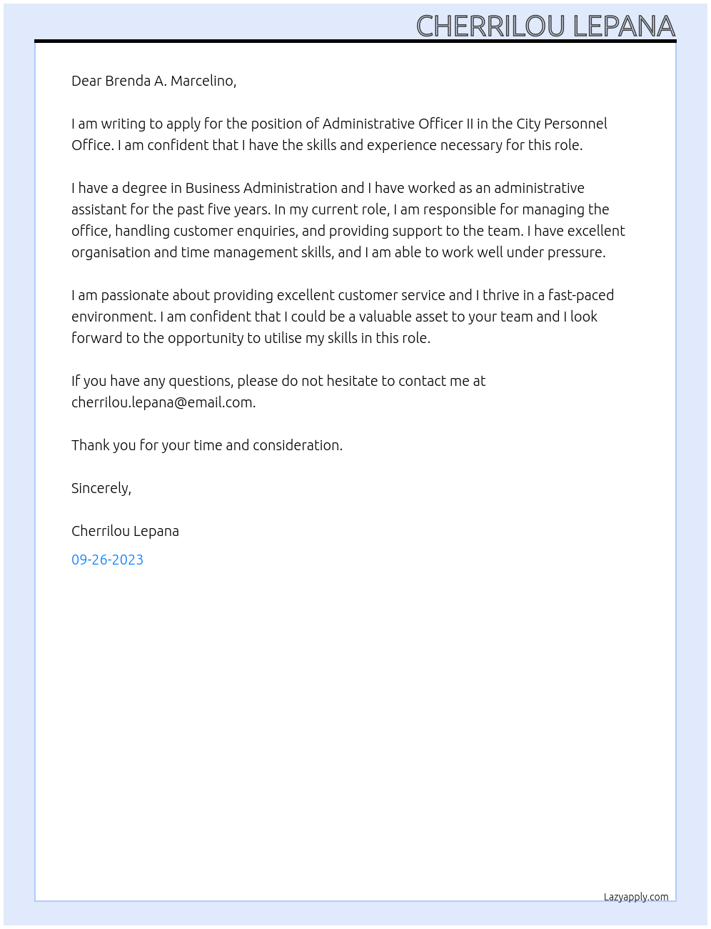 Administrative Officer II At City Personnel Office Cover Letter