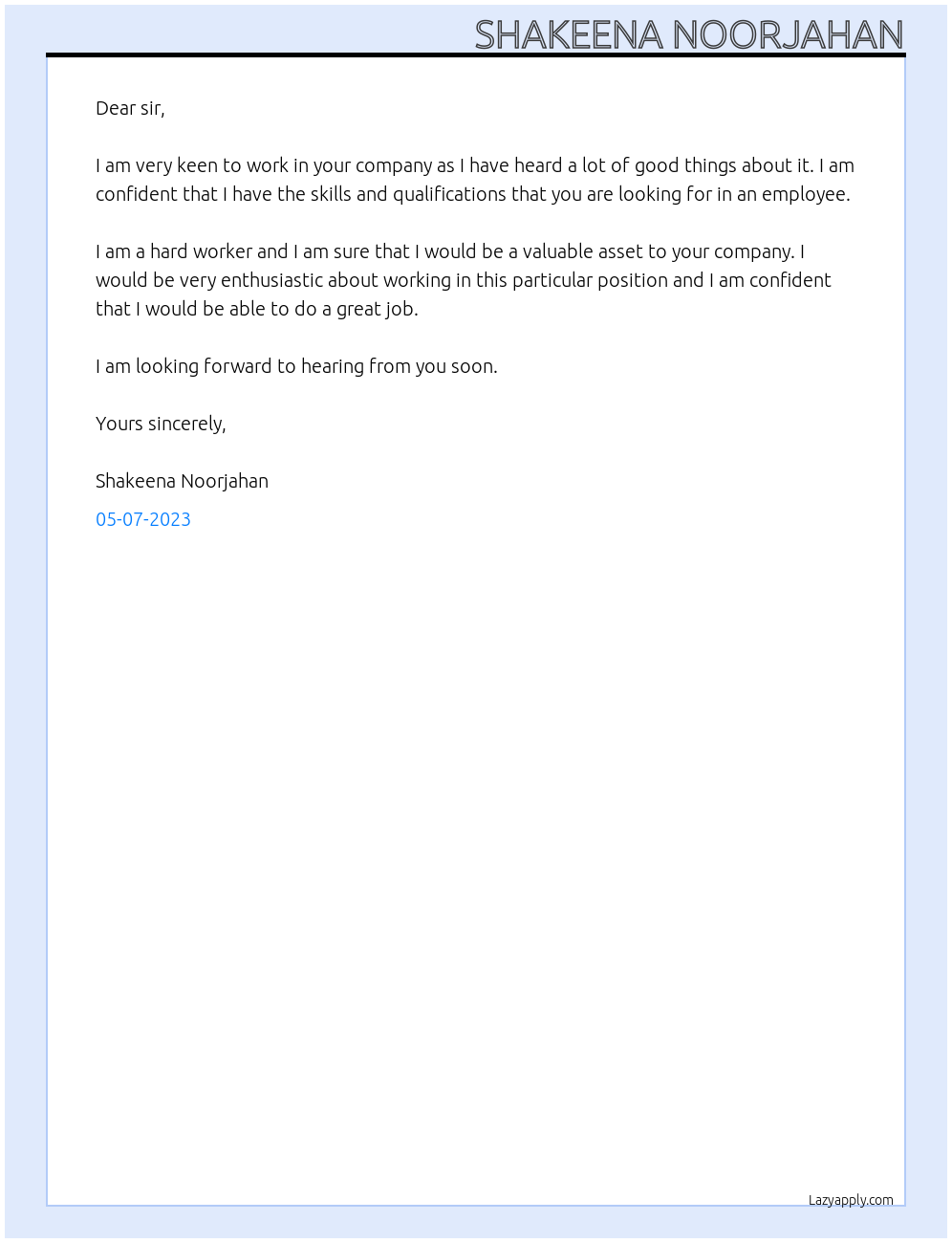 Any job At Reputed company  Cover Letter