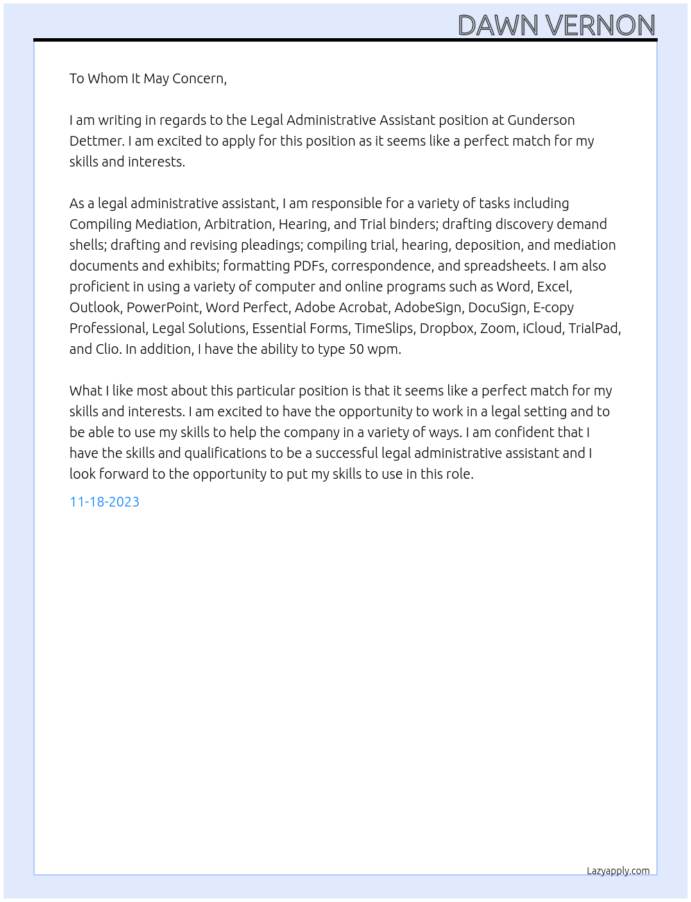 legal administrative assistant At Gunderson Dettmer Cover Letter