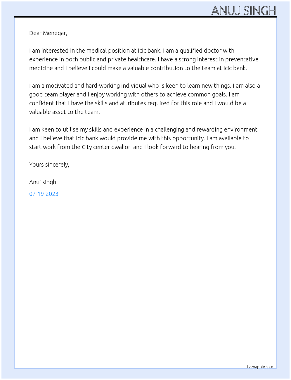 Medical  At Icic bank Cover Letter