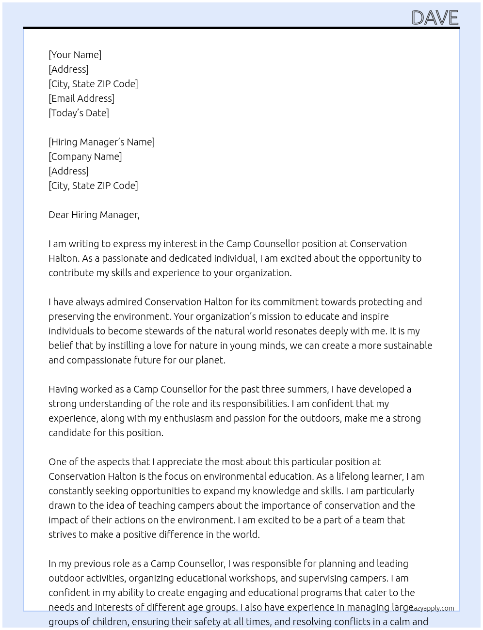 Camp Counsellor At Conservation Halton Cover Letter