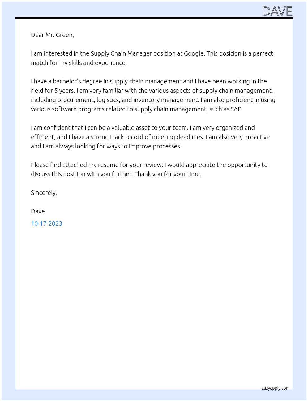 Supply Chain Manager At google Cover Letter