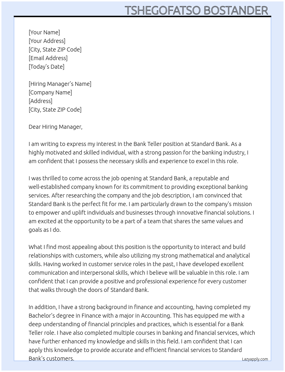 Bank Teller At Standard Bank Cover Letter