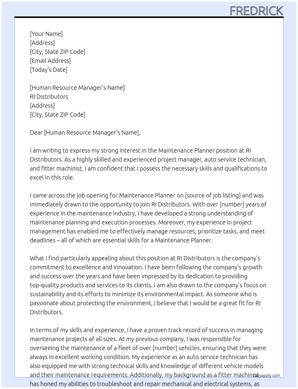 Maintenance Planner At RI Distributors Cover Letter
