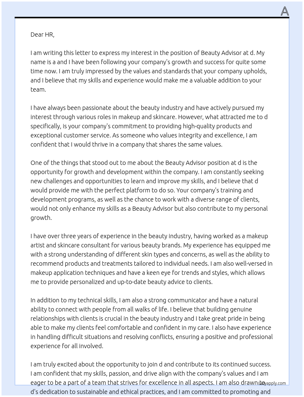 Beauty advisor At d Cover Letter