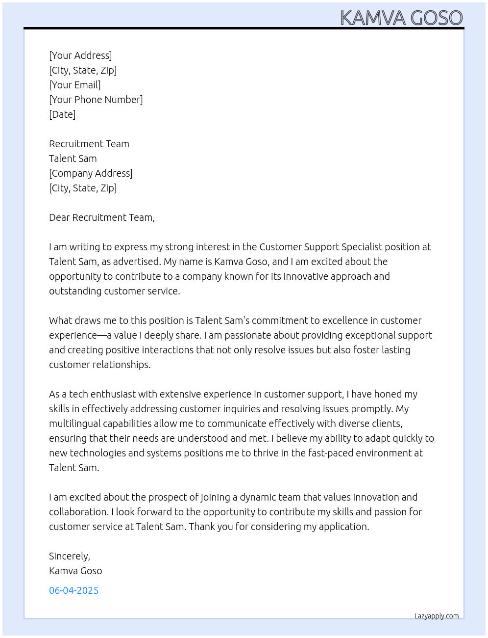 Cover letter for Customer Support Specialist - LazyApply
