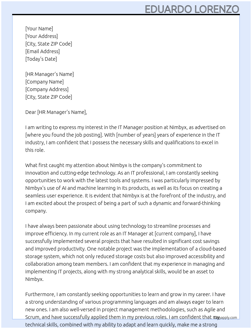 IT Manager At Nimbyx Cover Letter