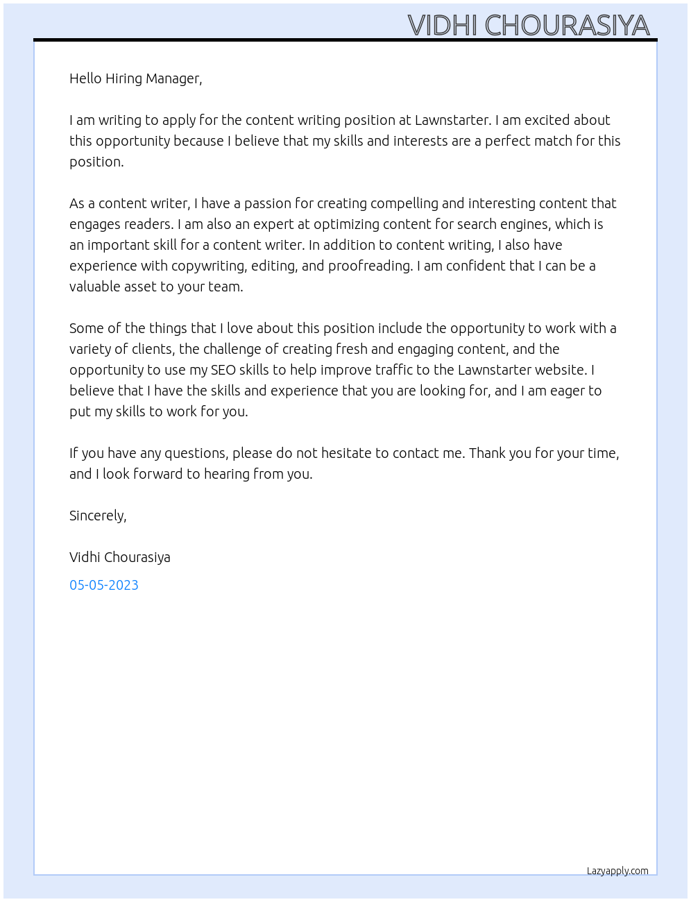 Content writing At Lawnstarter Cover Letter